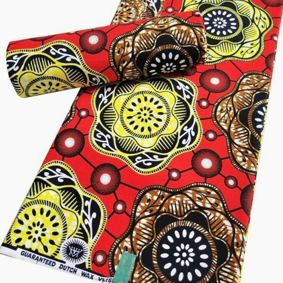 Red/Yelllow Ankara African Print Fabric|100% Wax Cotton Fabric- Floral Print - Picture 2 of 2